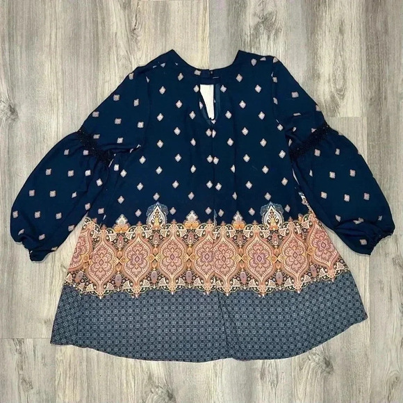 Hint of Mint 3/4 Sleeve Navy Paisley Tunic Top Flowy Boho Hippie Dress Size XL - Picture 7 of 7